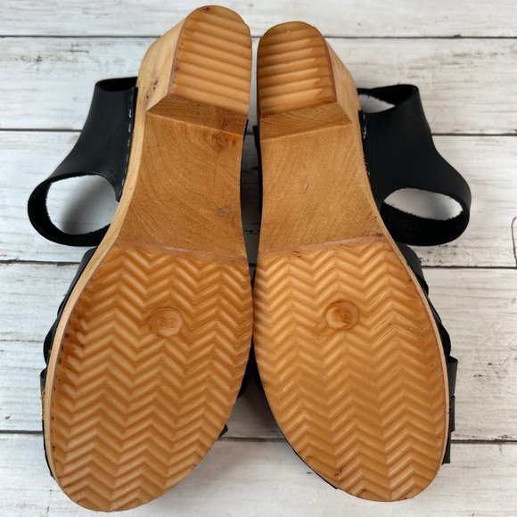 MIA Bety Sandals Womens 9M Black Leather Peep Toe Wooden Clogs Woven Adjustable - Picture 5 of 11
